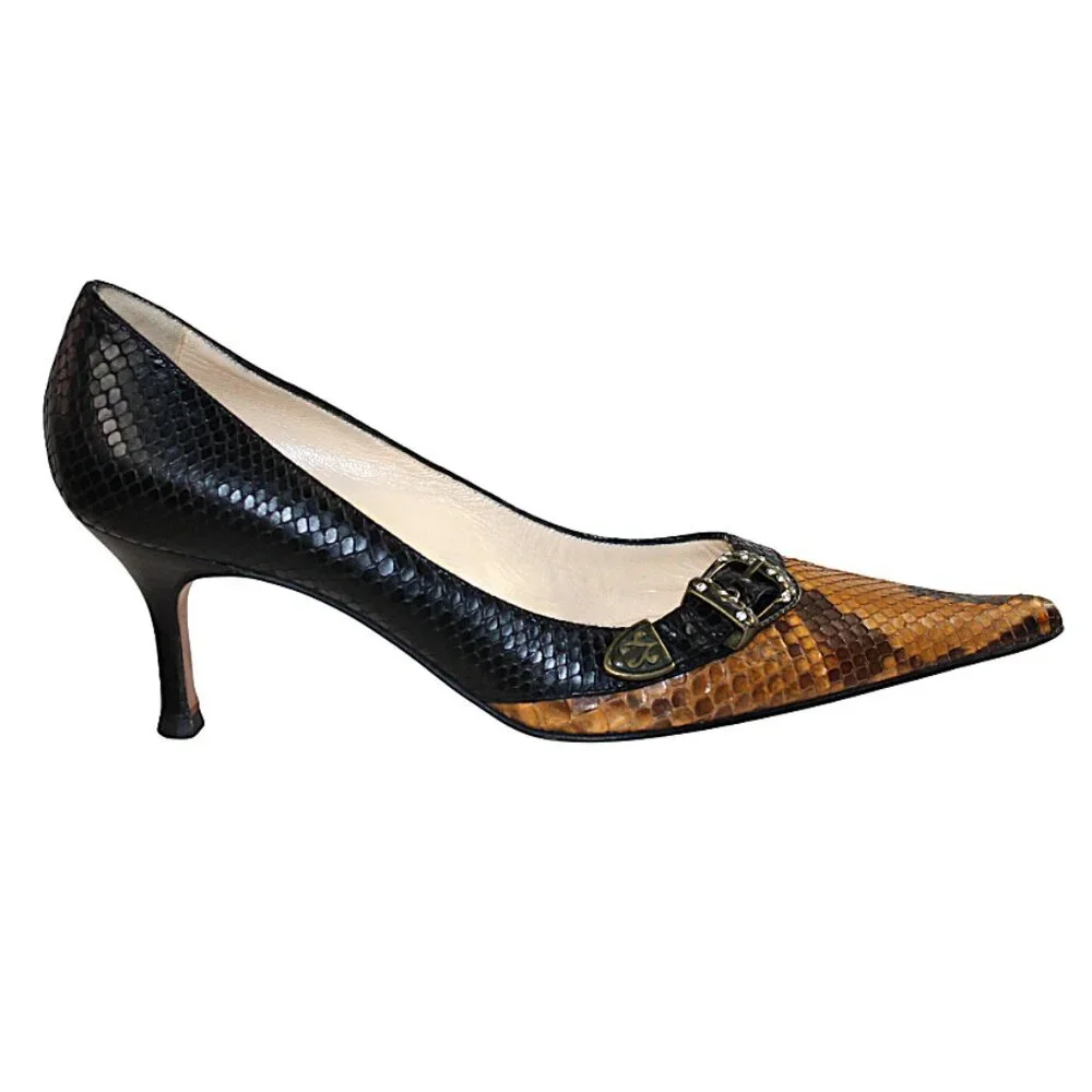Luciano Padovan Two Tone Black Brown Snakeskin Leather Heel, Size 38 (US 7-7.5)